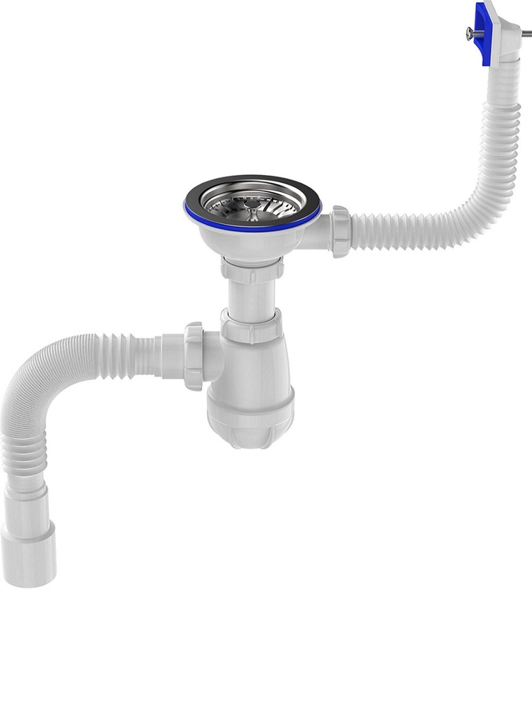 картинка Aquant Сифон для мойки 3 1/2"х40 с мет.реш. с прямоуг/кругл переливами с прям. трубой 40 от магазина ТНП